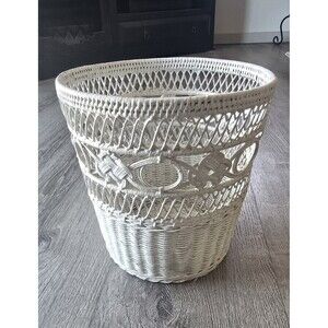 Vintage Wicker Wastebasket White MCM Cottage Beach Shabby Chic Boho
